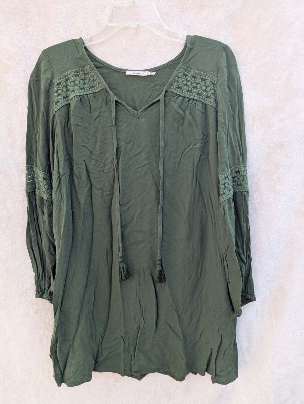 Mi Ami Olive Green Lace Yoke Long Sleeve Tie Front Boho Tunic Top Size M